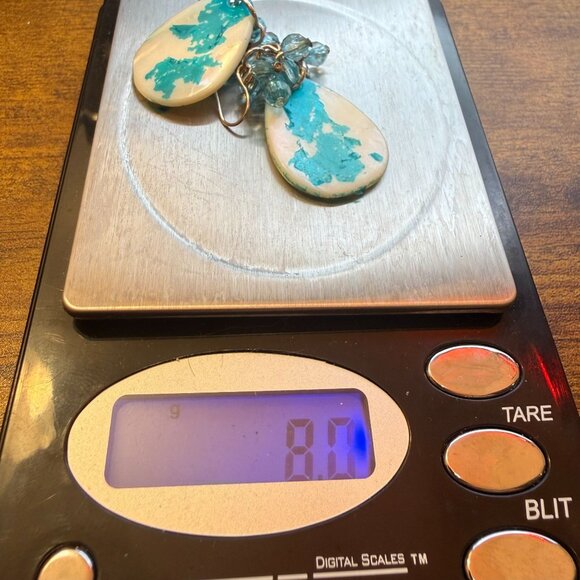 Turquoise & White Shell Dangle Earrings With Blue Beaded Accents Lightweight & C - Picture 7 of 8